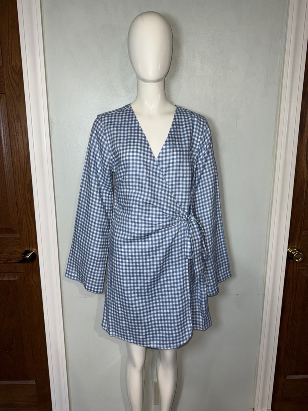Saks Fifth Avenue 100% Linen Wrap Tie Gingham Mini Dress Blue White Sz M NWT!
